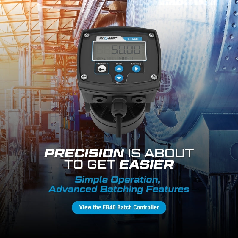EB40 batch controller with industrial background and text about precision and ease of use.